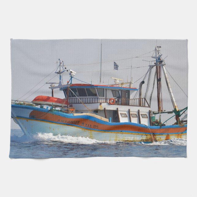 Colorful Greek Fishing Boat Towel (Horizontal)