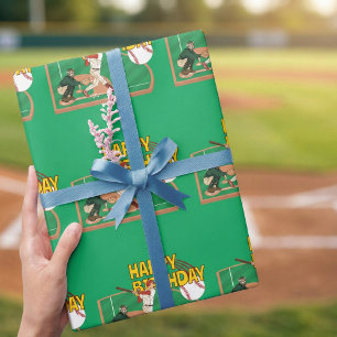Colorful Green Baseball Birthday Style Kids Party Wrapping Paper