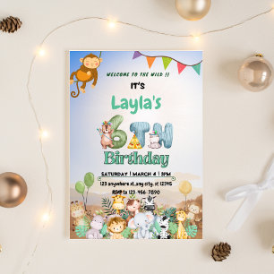 Colorful Green & Blue Safari 6th Birthday Invite