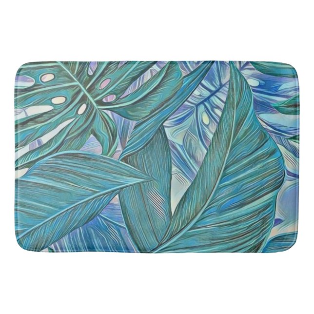 Colorful green blue tropical leaves watercolor bath mat (Front)