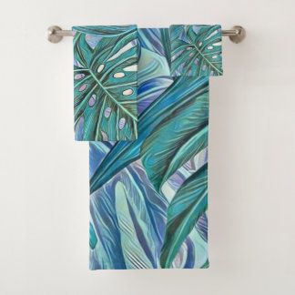 Colorful green blue tropical leaves watercolor bath towel set