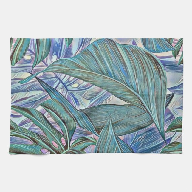 Colorful green blue tropical leaves watercolor kitchen towel (Horizontal)