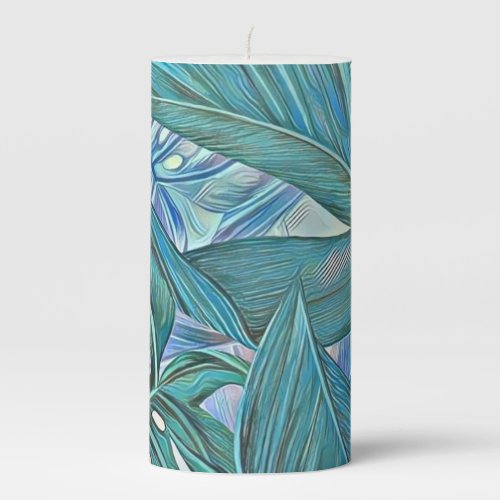 Colorful green blue tropical leaves watercolor pillar candle