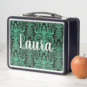 Colorful Green Damask Pattern Metal Lunch Box
