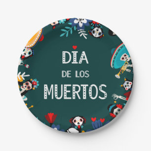 Colorful Green Dia de los Muertos Circle of Life Paper Plates