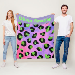 Colorful Green Faux Glitter Leopard Print Custom Fleece Blanket