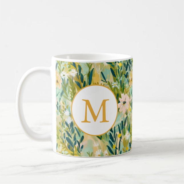 Colorful Green Flower Watercolor Pattern Monogram Coffee Mug (Left)