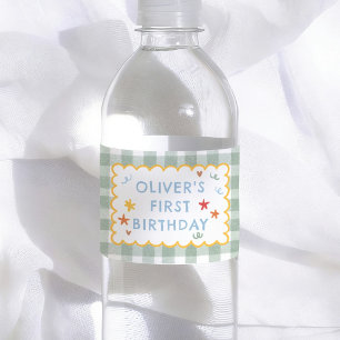 Colorful Green Gingham 1st Birthday Water Bottle Label