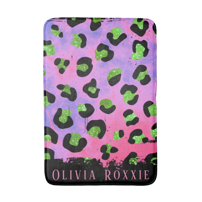 Colorful Green Glitter Leopard Print Custom Bath Mat (Front Vertical)