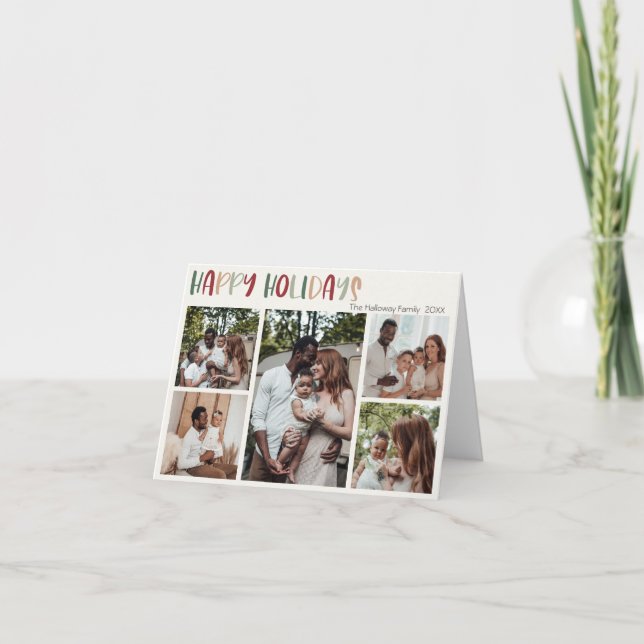 Colorful Green Happy Holidays Folded Five Photo Holiday Card (Front)