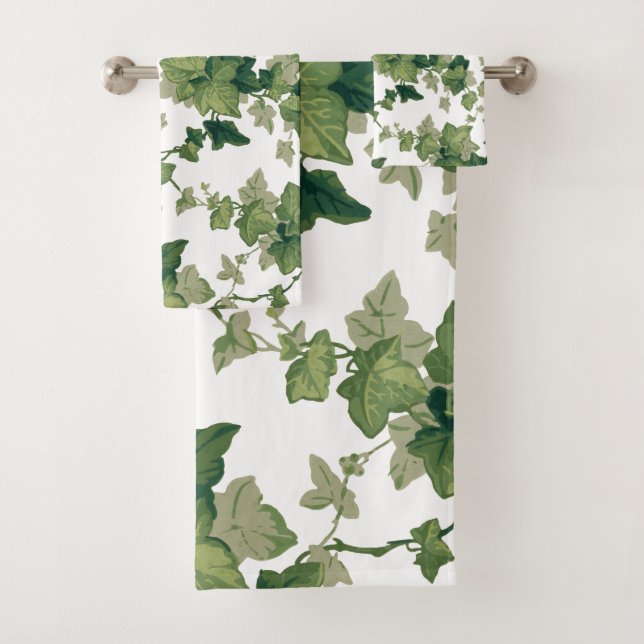 Colorful Green Ivy on White Background Bath Towel Set (Insitu)
