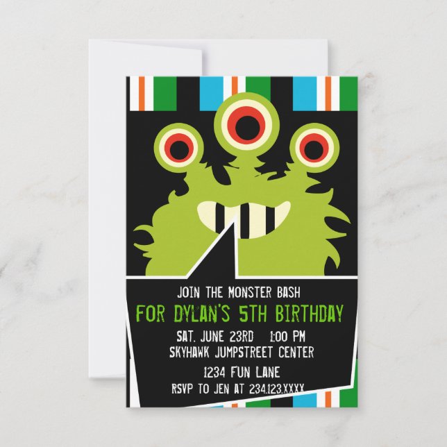 Colorful Green Monster Birthday Party Invitations (Front)