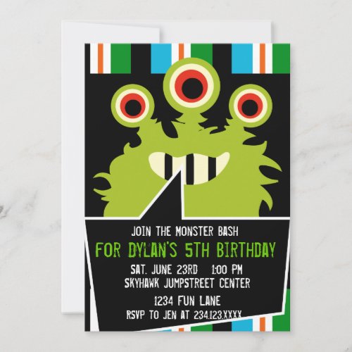 Colorful Green Monster Birthday Party Invitations