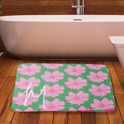 Colorful Green Pink Floral Modern Monogram Bath Ma Bath Mat