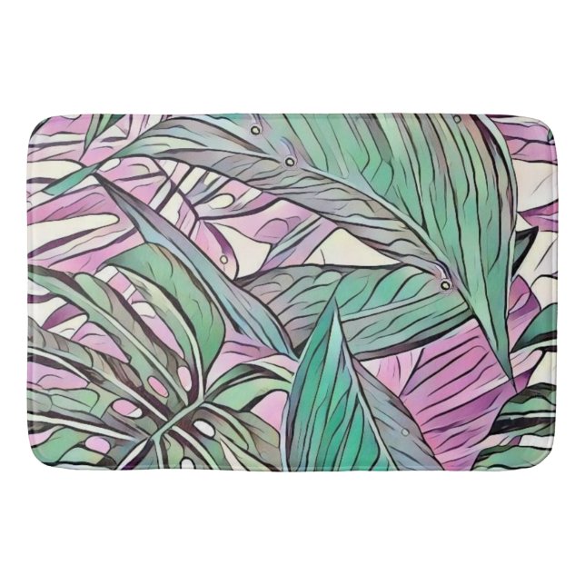 Colorful green pink tropical leaves pop art bath mat (Front)