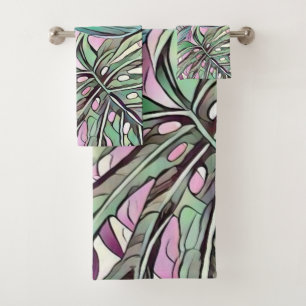 Colorful green pink tropical leaves pop art bath towel set