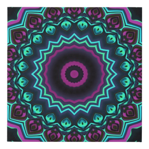 colorful green purple mandala pattern glow faux canvas print