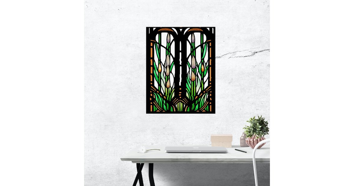 Colorful Green Reeds Art Nouveau Stained Glass Poster | Zazzle