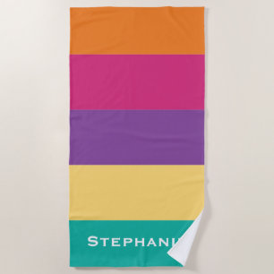 Colorful Green Yellow Purple Abstract Stripes Name Beach Towel