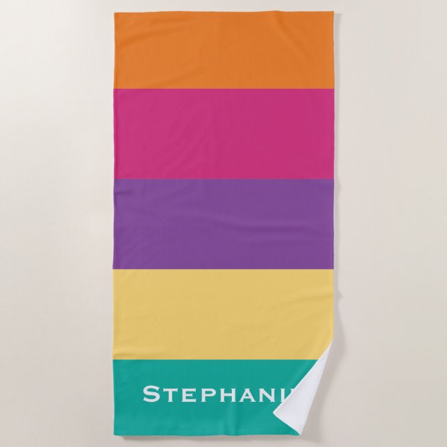 Colorful Green Yellow Purple Abstract Stripes Name Beach Towel (Front)