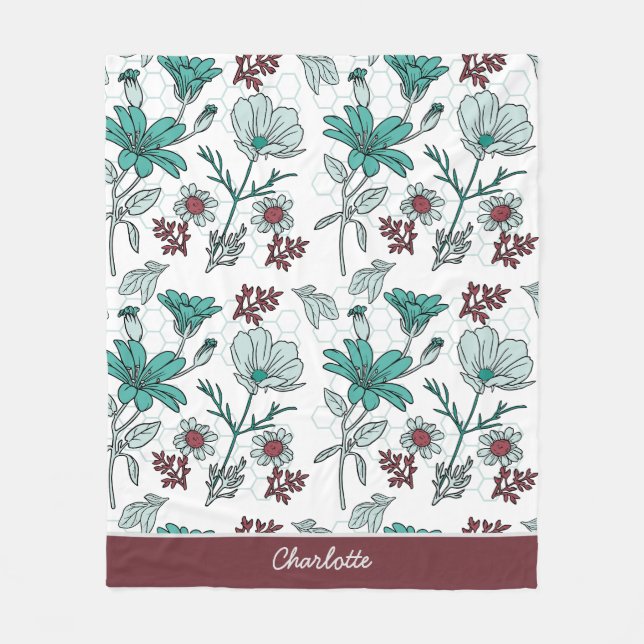 Colorful greenery floral pattern personalized name fleece blanket (Front)