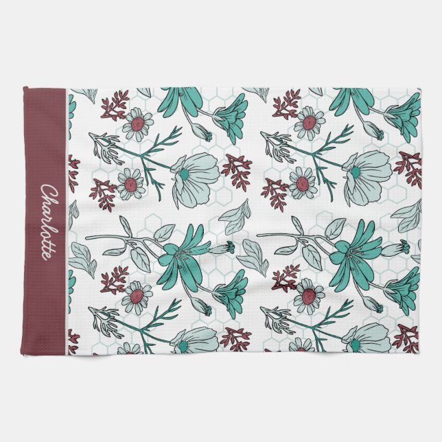 Colorful greenery floral pattern personalized name kitchen towel (Horizontal)