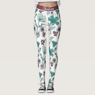 Colorful greenery floral pattern personalized name leggings