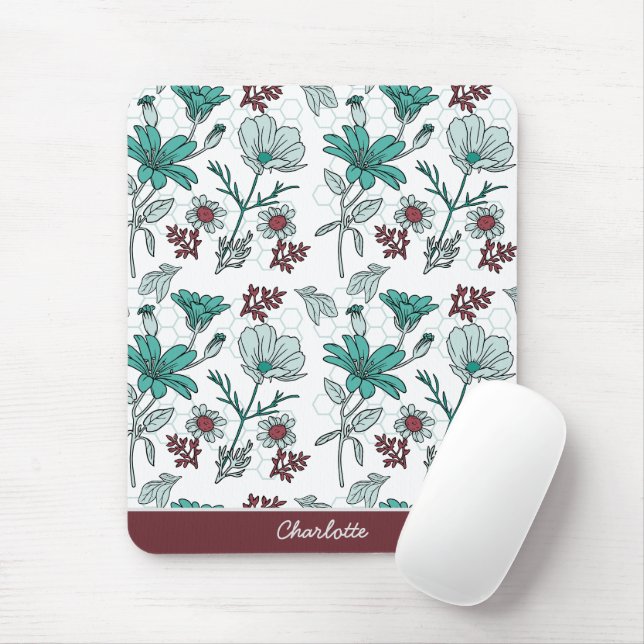 Colorful greenery floral pattern personalized name mouse pad (With Mouse)