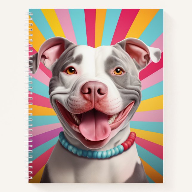 Colorful Grey and White Playful Pit Bull Notebook (Front)
