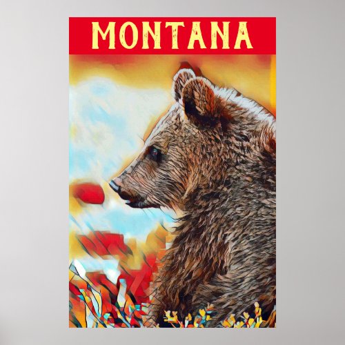 Colorful Grizzly Bear Pop Art Montana Travel Poster