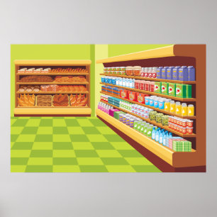 Colorful Grocery Store Aisle and Bakery Poster