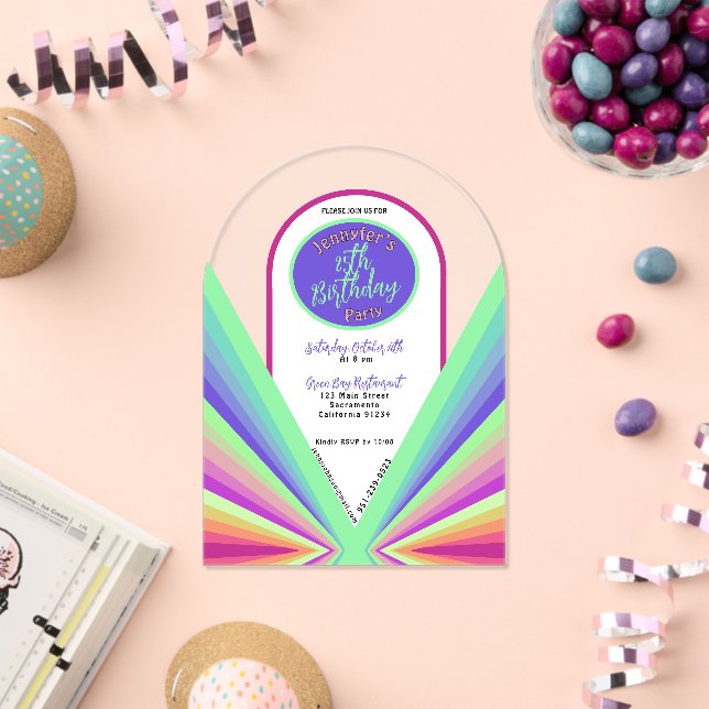 Colorful groovy 70’s retro Birthday arch Acrylic Invitations (Insitu (Celebration))