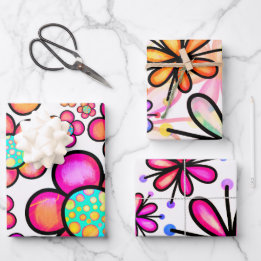 Colorful Groovy 70's Doodle Flowers Pattern Wrapping Paper Sheets