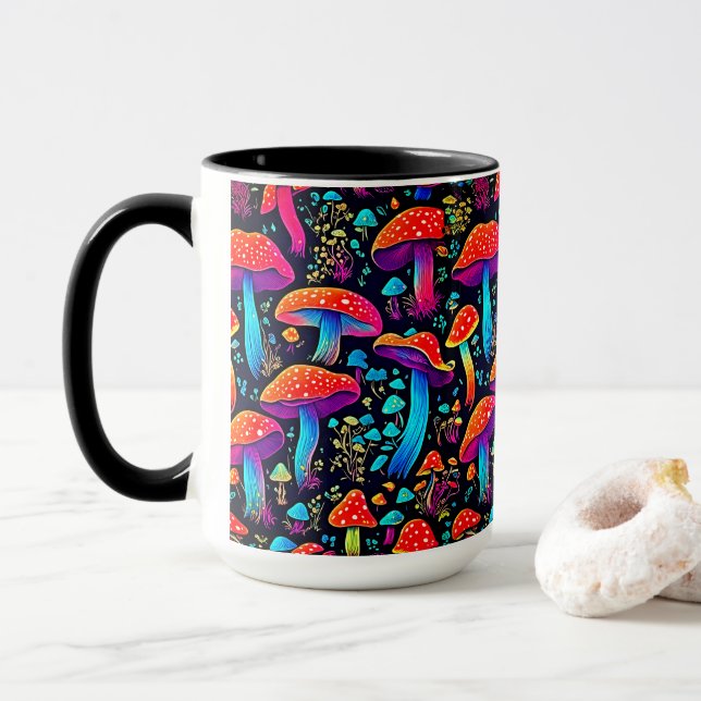 Colorful Groovy Bioluminescence Mushrooms Mug (With Donut)