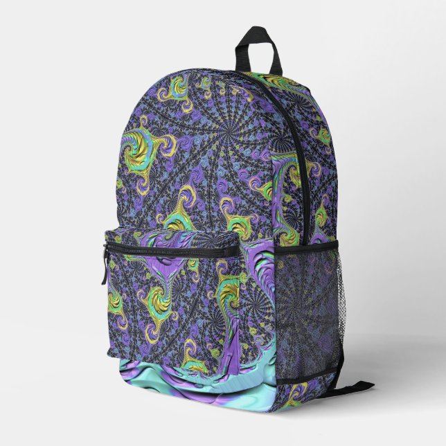 Colorful Groovy Boho Hippie Funky Abstract Fractal Printed Backpack (Back Corner Right)
