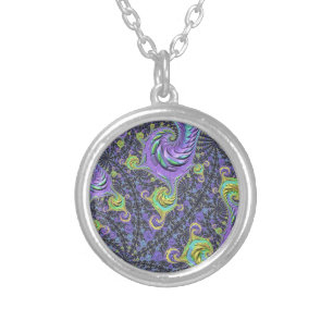 Colorful Groovy Boho Hippie Funky Abstract Fractal Silver Plated Necklace