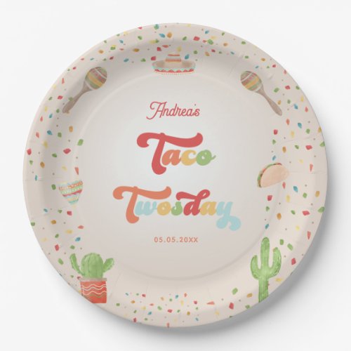 Colorful Groovy Fiesta 2nd Birthday Taco Twosday Paper Plates
