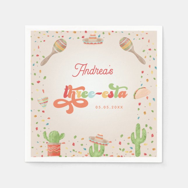 Colorful Groovy Fiesta 3rd Birthday Three-esta Napkins (Front)