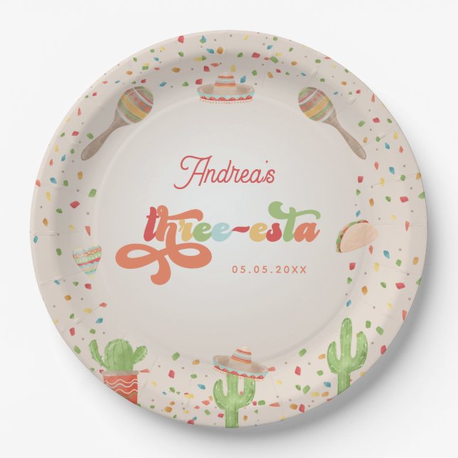 Colorful Groovy Fiesta 3rd Birthday Three-esta Paper Plates (Front)