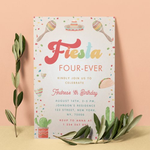 Colorful Groovy Fiesta 4th Birthday Four_ever Invitation