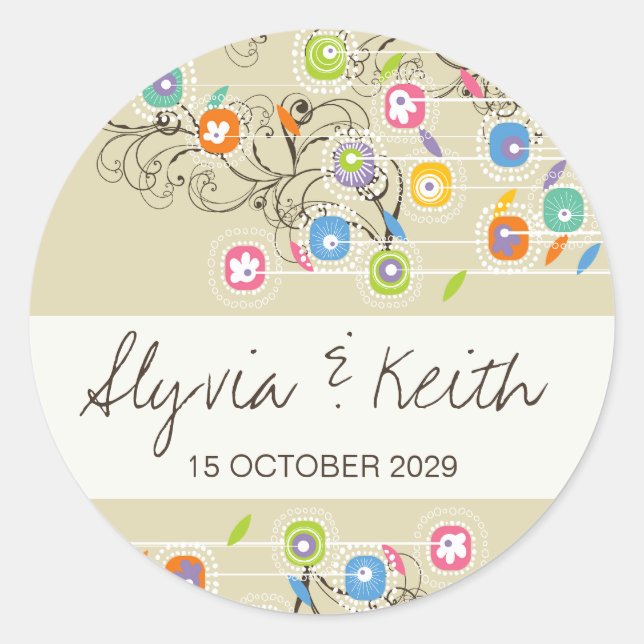 Colorful Groovy Flower Garden Fun Wedding Sticker (Front)