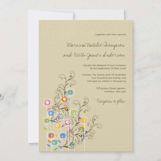 Colorful Groovy Flowers Garden Whimsical Wedding Invitation (Front)