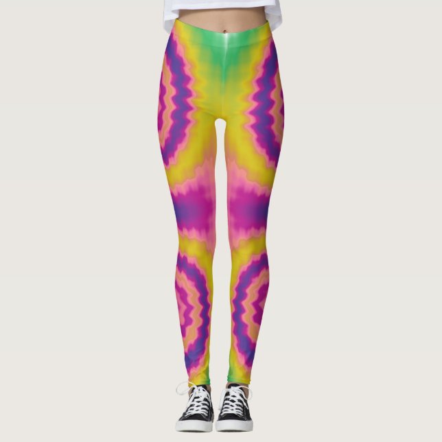 Colorful groovy funky retro tie dye pattern leggings (Front)