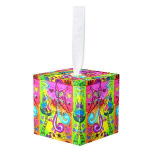 colorful groovy magic mushrooms cube ornament