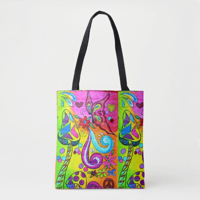 colorful groovy magic mushrooms tote bag (Front)