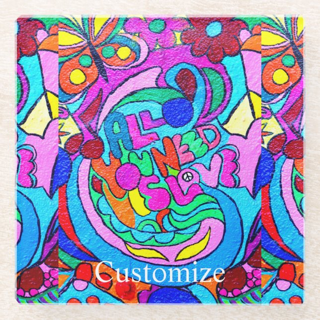 colorful groovy peace and love  glass coaster (Front)