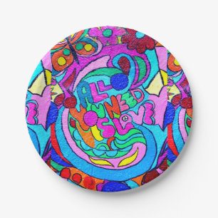 colorful groovy peace and love paper plates