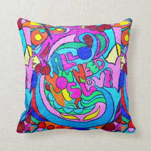colorful groovy peace and love psychedelic throw pillow