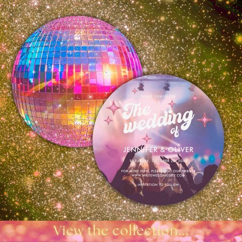 Colorful Groovy Pink Glitter Disco Ball Wedding Invitation