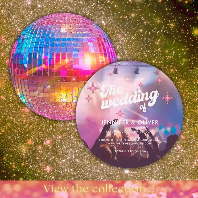 Colorful Groovy Pink Glitter Disco Ball Wedding Invitation (Front / Back)